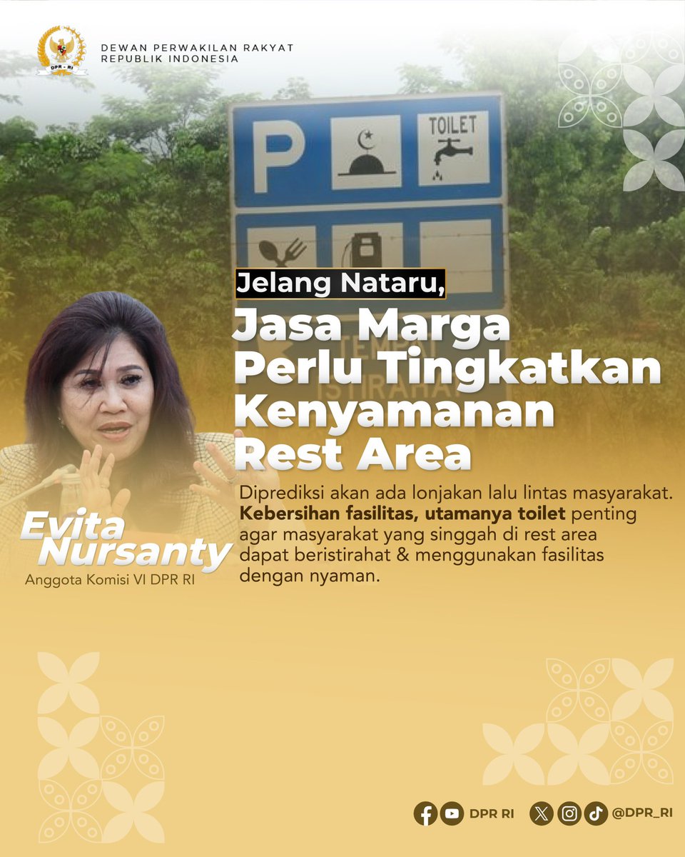 Jelang Natal 2023 dan Tahun Baru 2024, Anggota Komisi VI DPR RI Evita Nursanty meminta Jasa Marga agar dapat memerhatikan serta meningkatkan kebersihan dan kenyamanan fasilitas rest area yang ada. Sebab diprediksi akan ada lonjakan lalu lintas masyarakat yang hendak berlibur.