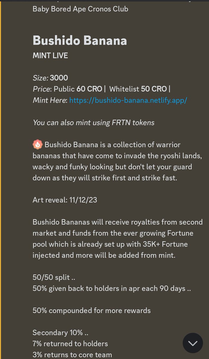 Announcement: 🍌Bushido Banana 🍌Now Live!!
bushido-banana.netlify.app

We are pleased to announce **a collection mint** by **Baby Bored Ape Cronos Club
#BushidoBanana