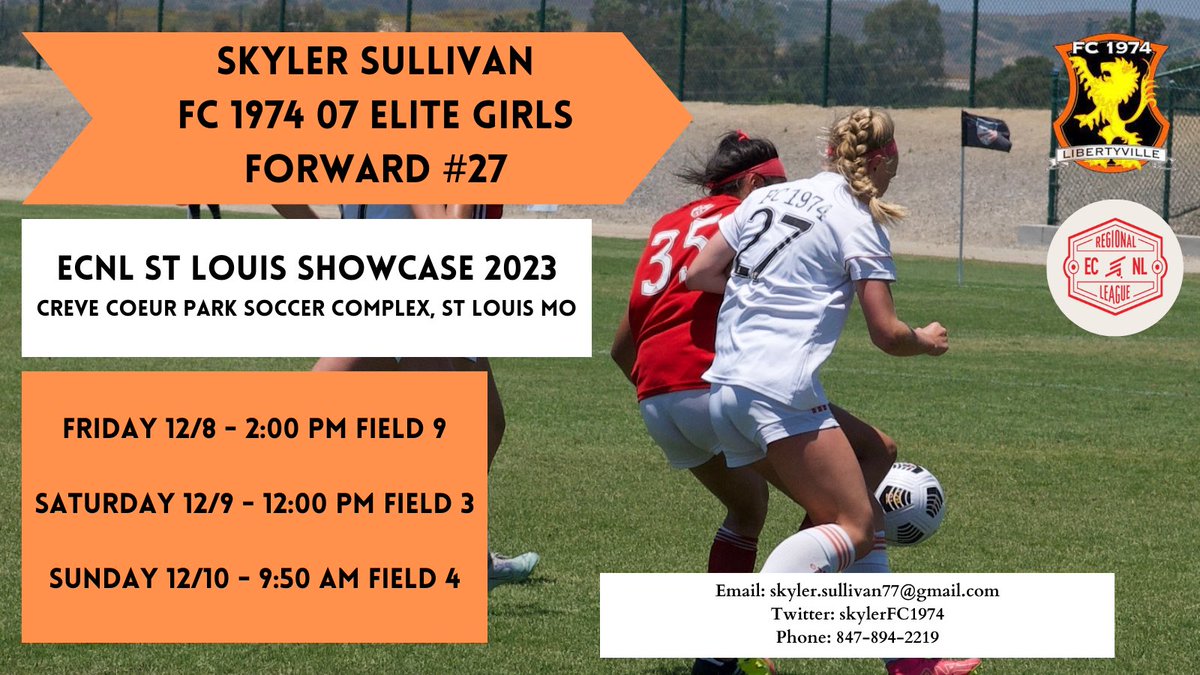So excited to play at the ECNL RL Showcase this weekend in St. Louis! Come check out my games! 
<a href="/FC1974_07GElite/">FC1974 2007/2006 Elite Girls</a> <a href="/BSUBeaverSoccer/">Bemidji State Women's Soccer</a> <a href="/MssuSoccer/">MOSO Soccer</a> <a href="/NMU_wsoccer/">NMU Women's Soccer</a> <a href="/UCM_Soccer/">Jennies Soccer</a> <a href="/UWWWomensSoccer/">UWW Women's Soccer</a> <a href="/UWSPsoccer/">UWSP Soccer</a> <a href="/USCBSoccer/">USCB Soccer</a> <a href="/yengosp/">Sean Yengo</a>