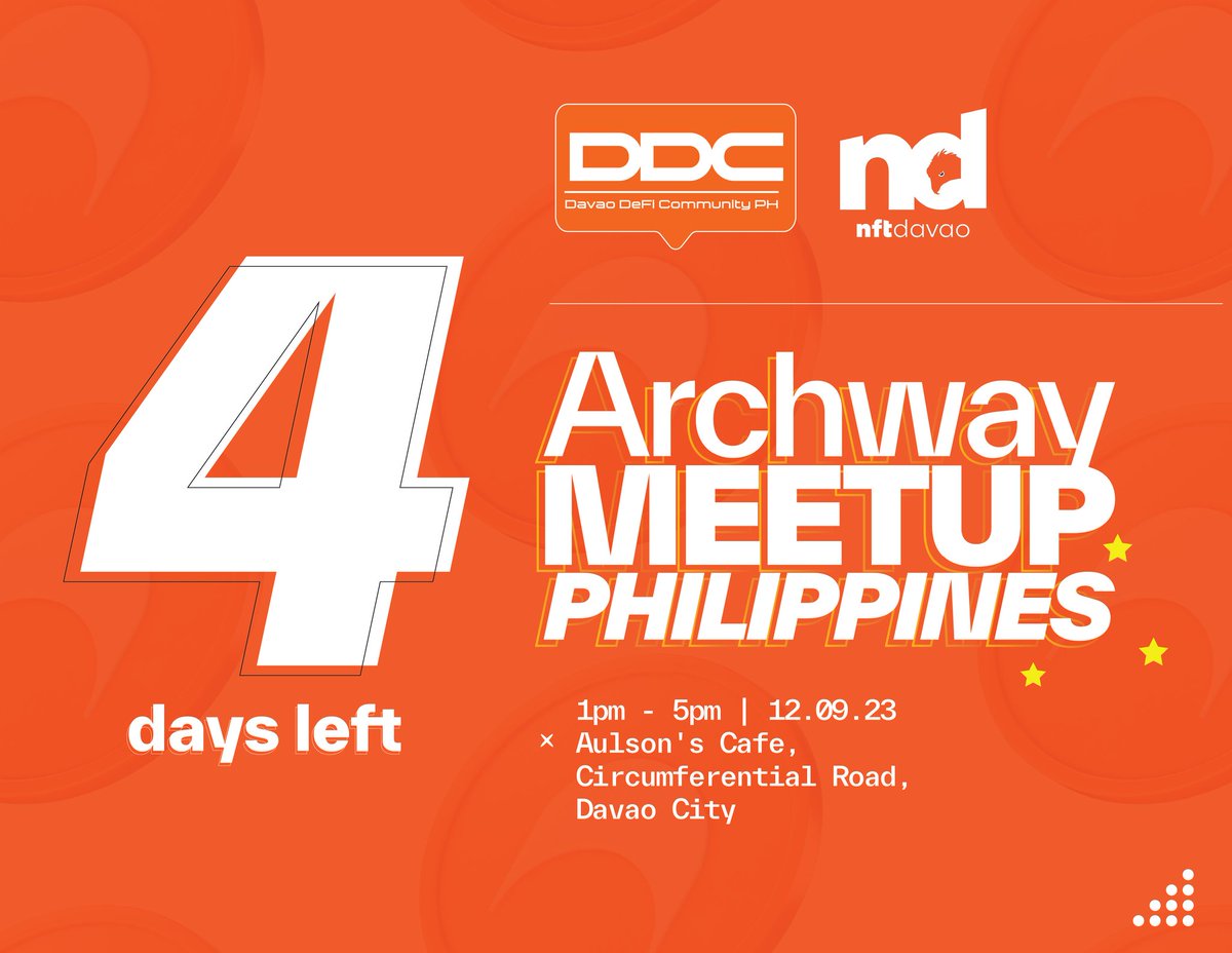 DavaoDefi's tweet photo. Join us! Future Architects 🟠🟠🟠

Countdown: ⏰ 4 Days to Go! 

Register now ➡️ https://t.co/p2plN6VpNb

📅 December 9th
⏲️ 1:00 - 5:00 PM (PHT)
📌 Aulson's Cafe https://t.co/MrzU5kUBkW