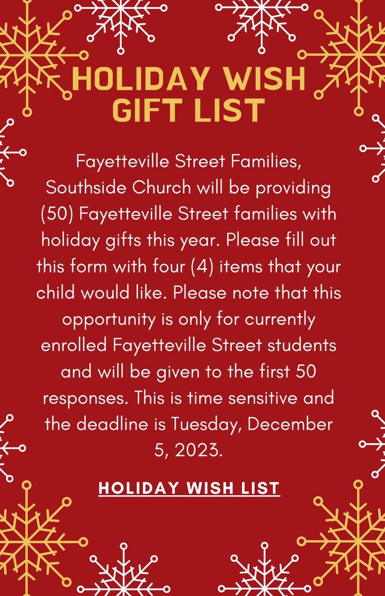 Fayetteville Street Families, Reminder…. Tuesday, December 5th is the last day to register!  #ForTheLoveOfLions #LionStrong #LionPride
<a href="/FayStreetElem/">Fayetteville Street Elementary School</a>

docs.google.com/forms/d/e/1FAI…
