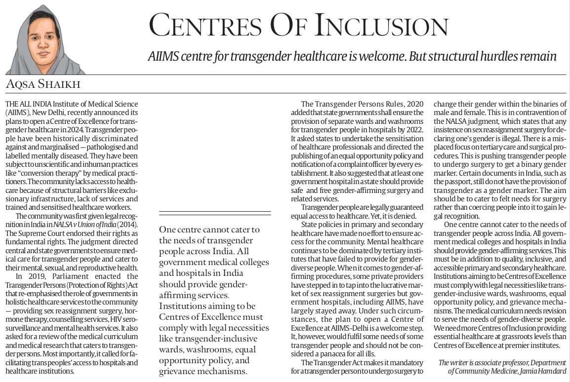 “We need more Centres of Inclusion providing essential healthcare at grassroots levels than Centres of Excellence at premier institutes.” @doctorsaheba writes for @IndianExpress. #TransCareMedEd 

Accessible link 👉🏼 indianexpress.com/article/opinio…