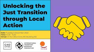 How do we deliver a #JustTransition in cities. Join us today at this side event of @ITUC <a href="/ITFglobalunion/">International Transport Workers' Federation (ITF)</a> and <a href="/c40cities/">C40 Cities</a> in the pavilion of the #UAE.
#Unions4JustTransition