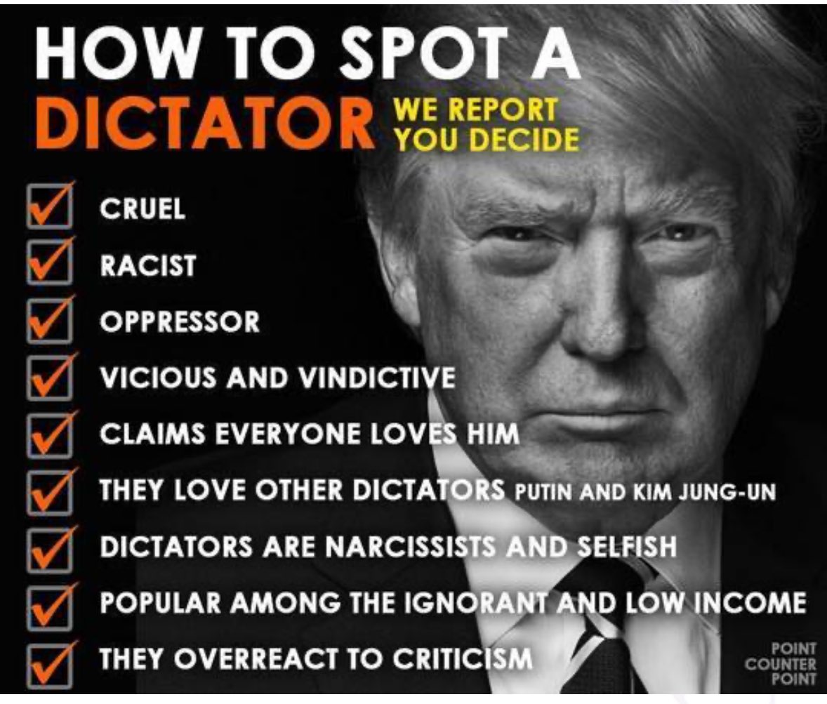 Psycho sociopath Donald Trump checks all the boxes that make a dictator. But we have the numbers to crush him. Just vote Blue!  #NotInMyCountry