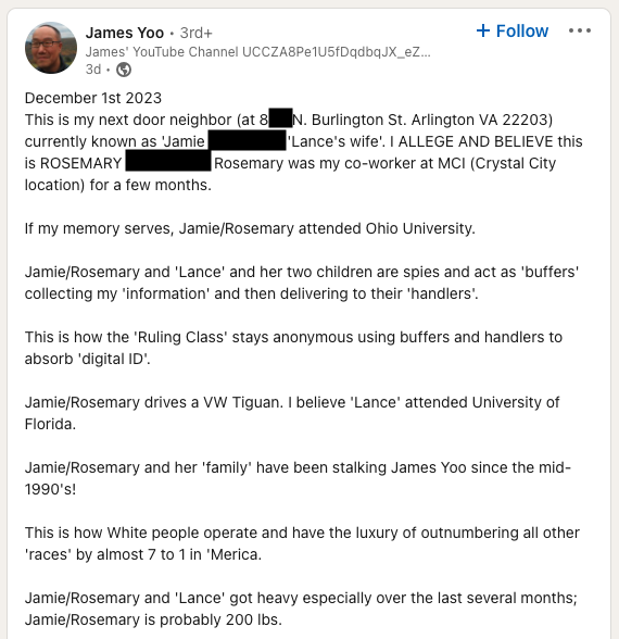 nicksortor's tweet photo. 🚨 ARLINGTON EXPLOSION UPDATE: Suspected Resident of House Called the US "THE WORLD'S BIGGEST TERRORIST" — Accused his neighbors of being SPIES just 3 days ago

James Yoo, whose status is currently unknown, has posted a LOT on his LinkedIn profile about his disdain for the federal government

Oddly enough, Yoo's profile says he was the Former Head of Global Security at the federal government's Committee on Foreign Investment in the US

I've redacted most of the information of the neighbors Yoo accuses of being spies, but he goes into GREAT DETAIL and constantly monitors the neighbors' actions. He even posted images of them and their cars on social media

A photo he posted just three days ago appears to have been taken from the window of the home that exploded in Arlington

In addition, Yoo's LinkedIn bio includes other bits such as "F*CK THA POLICE," "PURGE THEM," and "PURGE ALL SPIES."

There's a LOT more to this story than government is telling us at this point.