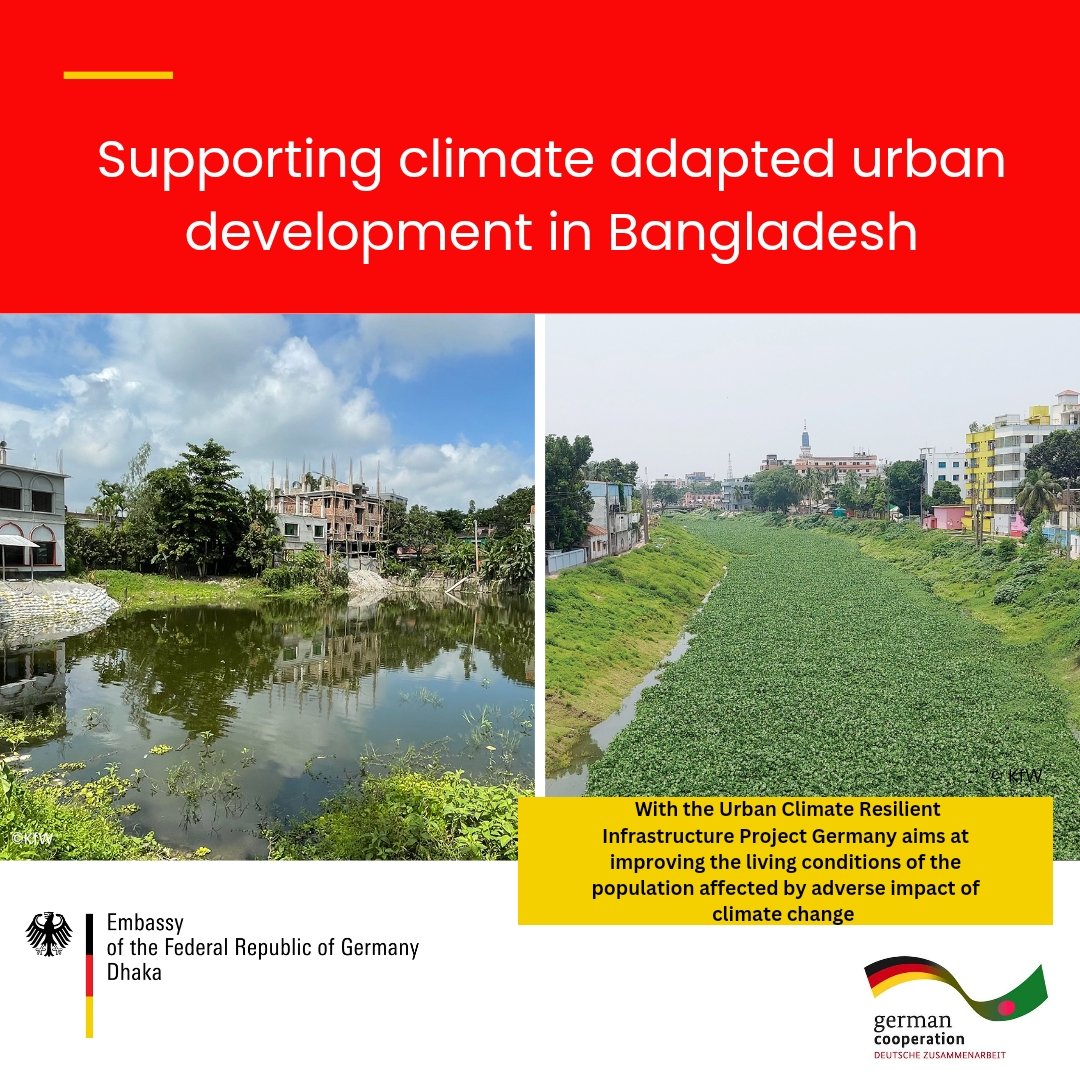 GermanEmbassyBD's tweet photo. #developmentdienstag Sustainable urban development is one core area of 🇩🇪 dev. cooperation. With the Urban Climate Resilient Infrastructure Project, 🇩🇪 aims at improving the living conditions of the people affected by adverse impact of climate change in small&amp;medium cities in🇧🇩. https://t.co/rKxniwnM9g