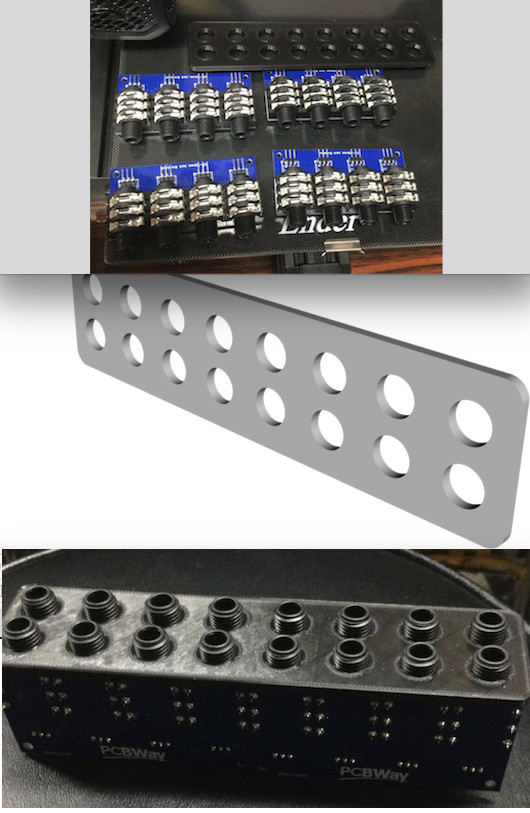 GadgetReboot's tweet photo. Finally made my first 3D model, a panel to mount 16 audio jacks for an upcoming pcb project.  Needs some adjustment but it worked! https://t.co/DOfz7bXRcc