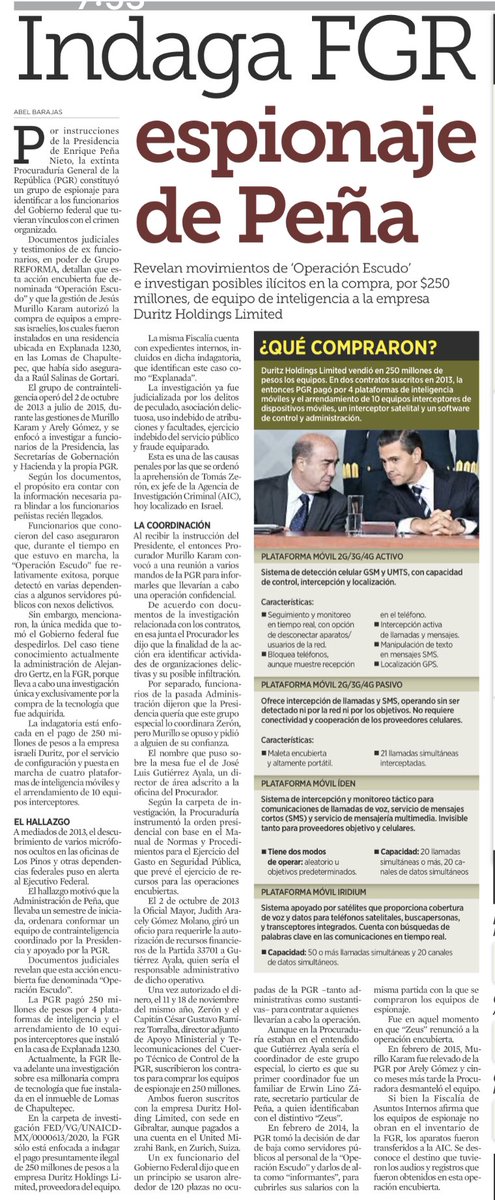 DeniseDresserG's tweet photo. Incongruencia inexplicable. 
La @FGRMexico investiga el espionaje de Peña Nieto, pero no actúa cuando ocurre lo mismo en el gobierno actual. El presidente @lopezobrador_ prometió que no espiaría a ciudadanos y ha negado el uso del Pegasus por la SEDENA, aunque está plenamente documentado. 
¿Por qué es condenable e investigado en un caso y en el otro no?
