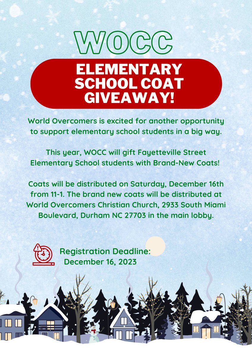 Fayetteville Street Families, Reminder…. #ForTheLoveOfLions #LionStrong #LionPride
<a href="/FayStreetElem/">Fayetteville Street Elementary School</a>

WOCC- Elementary School Coat Giveaway! - World Overcomers Christian Church (churchcenter.com)