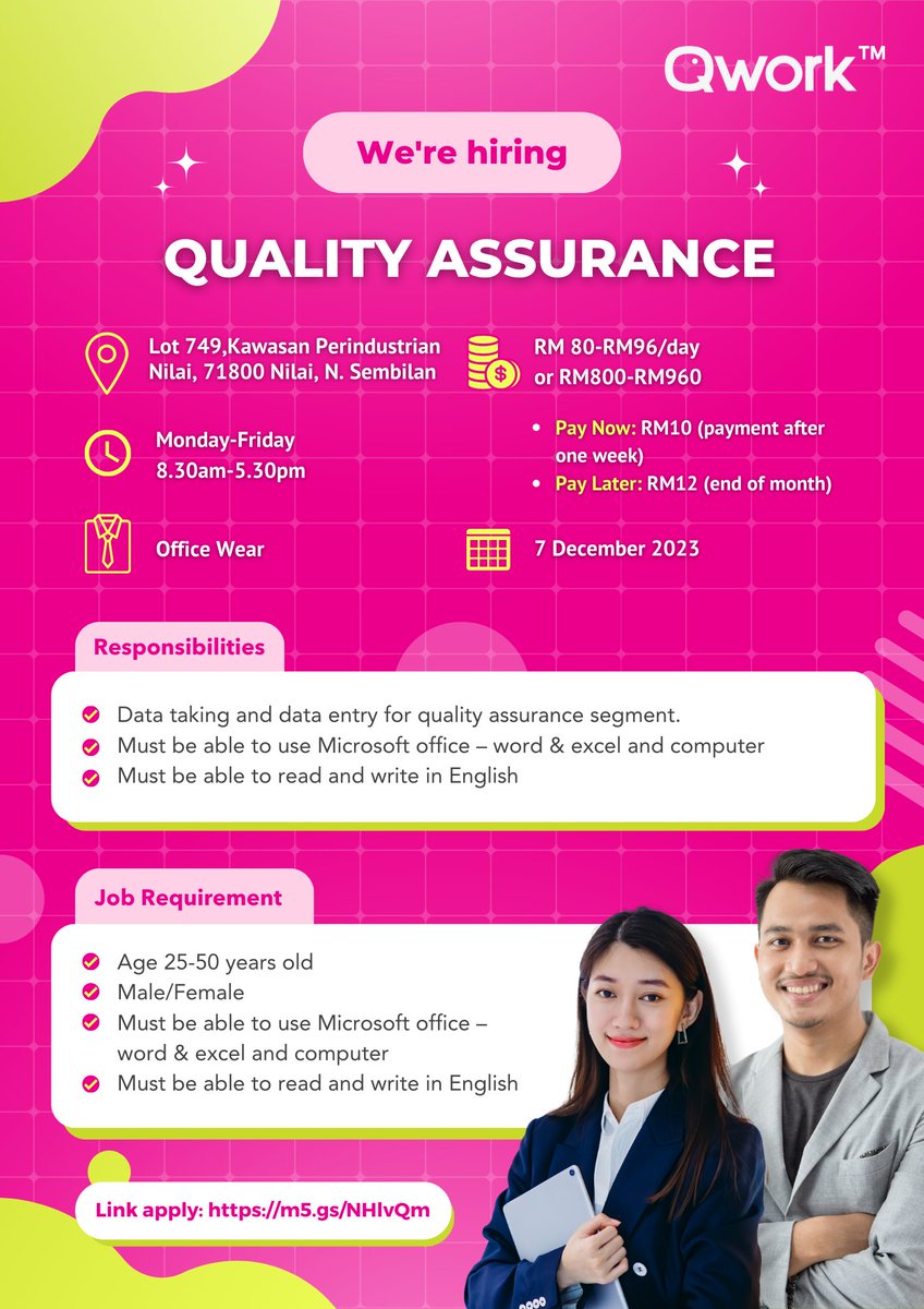 QworkMy's tweet photo. 📢 📢 We're Hiring Quality Assurance 📢📢

📆 Working Days: Monday-Friday
🕛 Working Hours: 8.30am-5.30pm
📍Location: Lot 749, Kawasan Perindustrian Nilai, 71800 Nilai, N. Sembilan
🚀 Apply Today : https://t.co/dzXTDErMLX

#Qwork #FutureofWork #hiring #jobseekers #jobsearch https://t.co/0Ewc6zRt1i