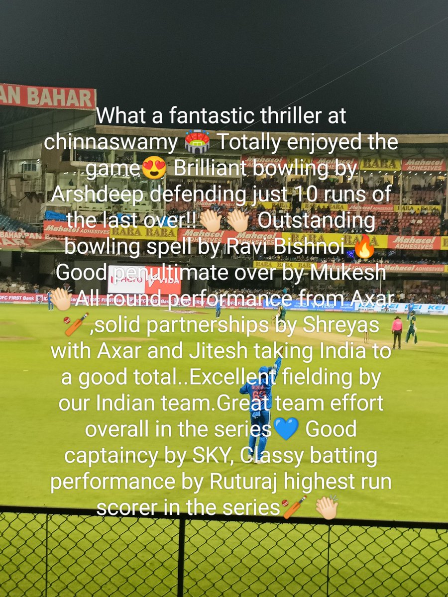 DivyaSindu's tweet photo. Totally enjoyed 5th #indvsaust20 live at Chinnaswamy 🏟️ What a fantastic last over thriller!!💙💙 Great performance #TeamIndia ♥️ @surya_14kumar @Ruutu1331 Amazing energy in the 🏟️ Love supporting &amp; cheering for our team India 🇮🇳 from the stands always ✌️ #VandeMaTaram #INDvsAUS https://t.co/e7etCyLLXd