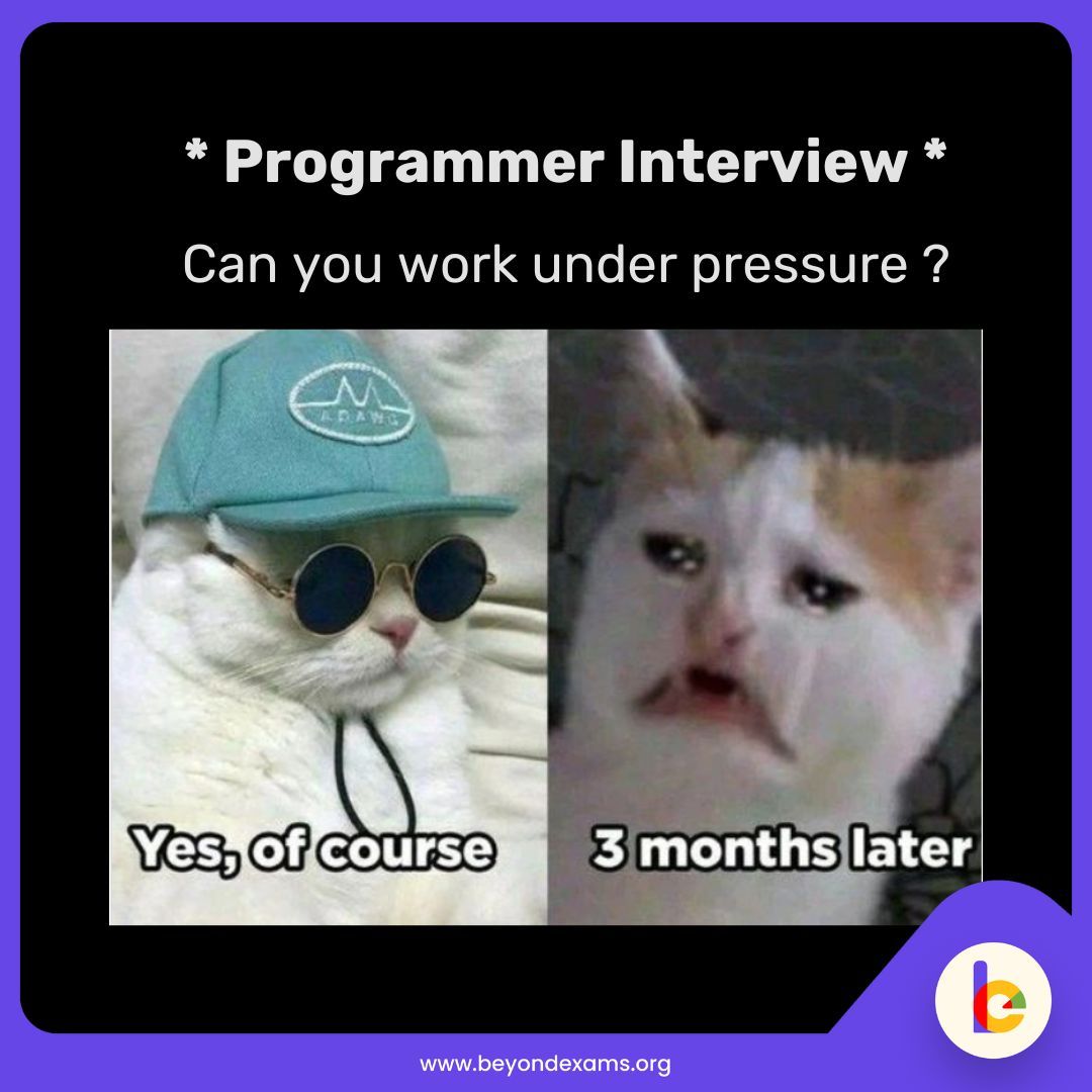 They forgot to tell you every moment is pressure 😂

 #webdevmemes #coding #html #javascript #vscode #beyondexams
[programming, coding, html, javascript, beyondexams]