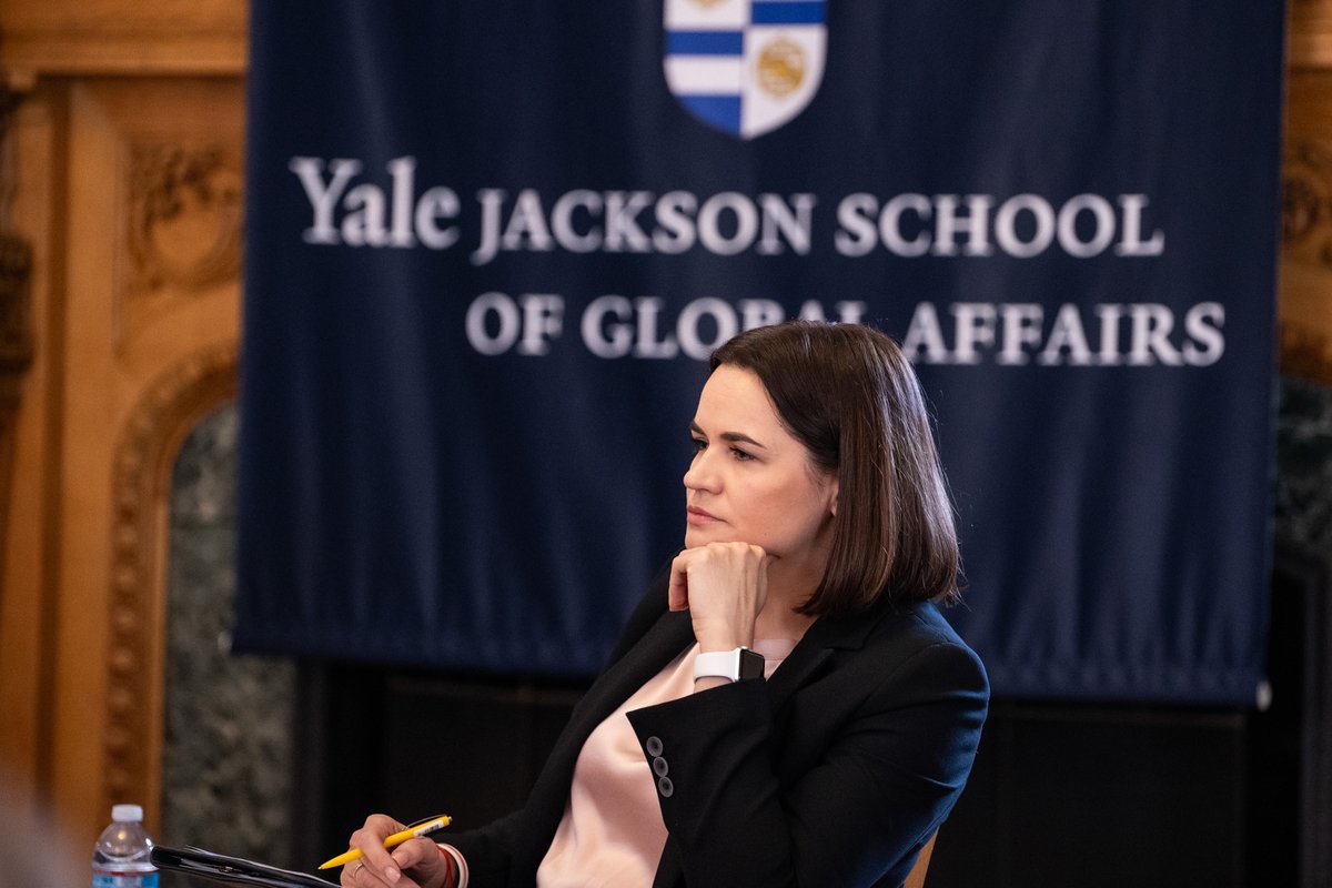 Tsihanouskaya's tweet photo. It was an honor to speak at @Yale University about #Belarus, alongside @TimothyDSnyder. We discussed the historical role of Belarus in the region, its European roots &amp; its future in Europe. I was pleased to see many Belarusians &amp; Ukrainians at the event. Together, we will win! https://t.co/GwHQ1eTPSF