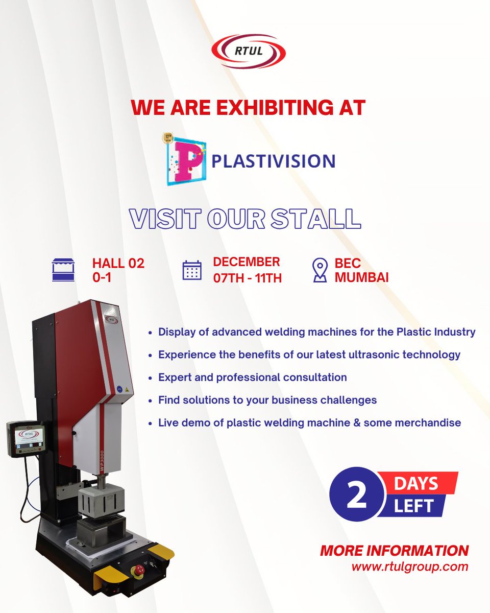 Only Two Days to Go !!!!

Roop Ultrasonix Ltd. invites you to @plastivisionindia 2023

Booth no: O-1 (Hall 02)
📅Date : 07th December - 11th December 2023
📍Venue: BEC, Mumbai

See you soon!
#ultrasonic #plasticweldingmachine  #ultrasonicmanufacturer #ultrasonictechnology