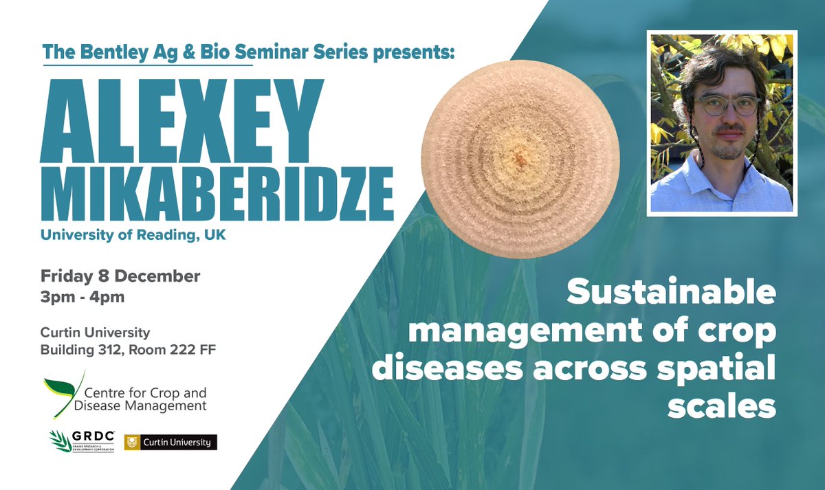 j_mylne's tweet photo. If you're on Bentley campus @CurtinUni this Friday 8 December, come see Alexey Mikaberidze of the University of Reading (UK) talk about "Sustainable management of crop diseases across spatial scales"
#BABSS @theCCDM 🗣️📢👂🤔 https://t.co/2uARQjB9JM