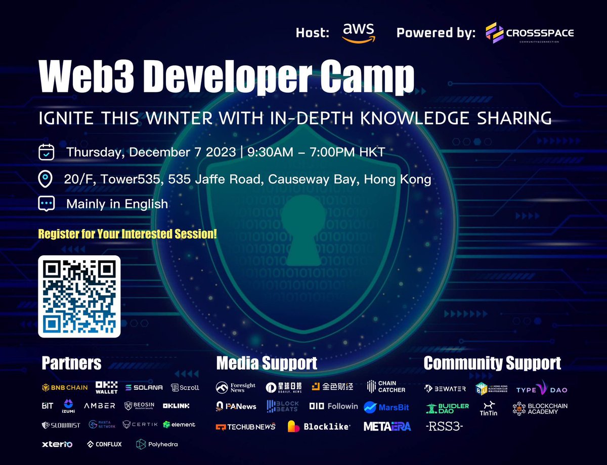 Upcoming Event! 🚀 On Thursday, December 7th,  <a href="/AWS_HongKong/">AWS Hong Kong</a>  is hosting an exclusive Developer/Builder Camp with a focus on Web3 Security, powered by <a href="/CSpaceOfficial/">CrossSpace Official ⚛️</a> !

Quick Registration to afternoon Sharing Event👇: awsweb3developercamppm.splashthat.com