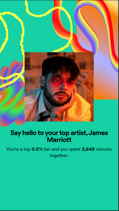 CaptJDavixx's tweet photo. @JamesMarriottYT On the top of my Spotify wrapped as my #1 artist with 5 of his songs taking up top 5 of my wrapped. Love his music and got me into writing my own music literally my biggest inspiration for music. https://t.co/CYbN9LRjY9