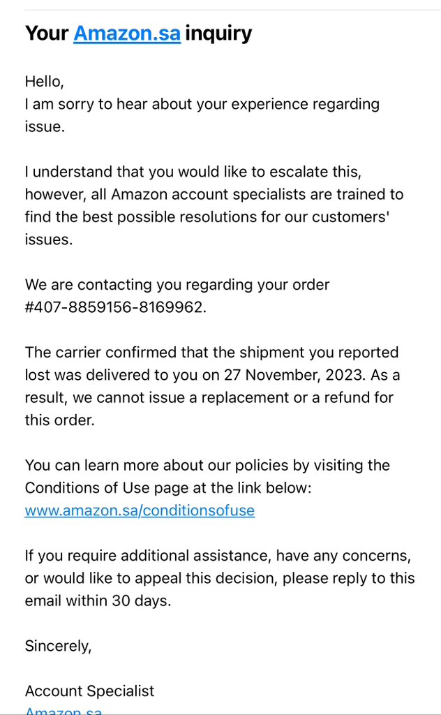 squiral90's tweet photo. @JeffBezos FYI I have ordered over 18 items on Amazon and received only 2 of them, yet have been charged for all and refused a refund. Asked numerous times but no proof of delivery. Shocking customer service for a prime member. @amazon @AmazonKSA https://t.co/SYoZ2kHrLx