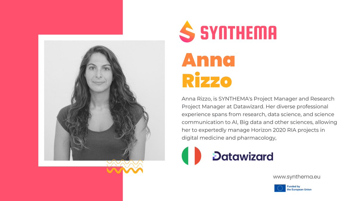 🌊 Meet Anna Rizzo, SYNTHEMA Project Manager at Datawizard. A marine biologist turned tech innovator, she's steering digital medicine and pharmacology projects under Horizon 2020. 
🔗 synthema.eu

#SYNTHEMA #DigitalMedicine #BigData #Innovation #HorizonEurope 🚀