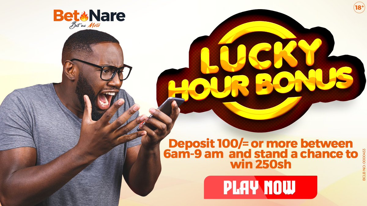 Watu wangu wa bonus time ndio hii deposit 100/= or more kwa account yako ustand a chance to win 250ksh sasa ivi !!!! LUCKY HOURS BONUS click the link betnare.com