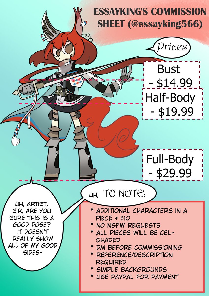 essayking566's tweet image. Here's the new commission sheet!
As well, since I'm in need of cash, I'm opening my third wave of commissions!
However, to minimize any issues with the transition in price, the new price is voluntary for this run. Pls read the additional message, and DM if you're confused.