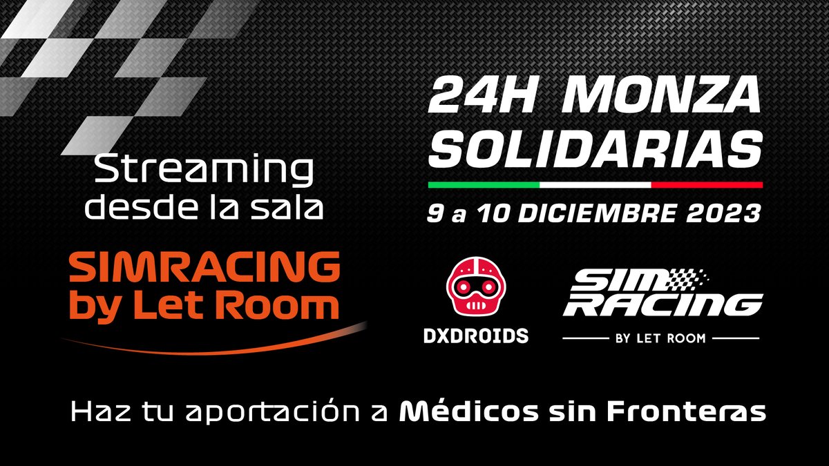 ¡No podíamos faltar al evento solidario del simracing organizado por <a href="/MundoGT/">MundoGT</a> y #RedstoneEndurance! 🦾

<a href="/24hMonza/">24h Solidarias</a>
📅 9/12
📺 twitch.tv/mundogt

¡Con streaming desde Simracing by Let Room!

📺 twitch.tv/dxdroids

A través de nuestro canal podréis donar a <a href="/MSF_Espana/">Médicos Sin Fronteras</a>