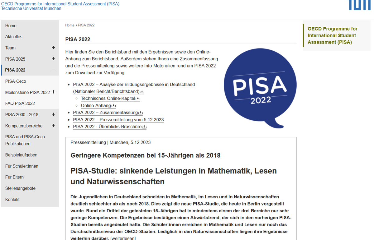 #PISA 2022: Berichtsband mit Ergebnissen sowie Online-Anhang zum Berichtsband - Schwerpunkt Mathematik: pisa.tum.de/pisa/pisa-2022/ 
#PISA2022