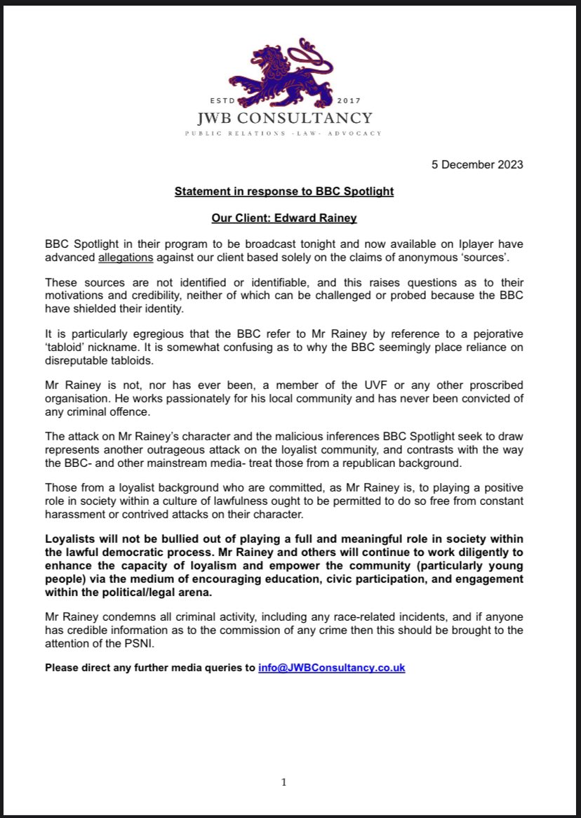 JwbConsultancy's tweet photo. Our client: Mr Edward Rainey 

Responding to unsupported and malicious allegations advanced by BBC Spotlight 👇 https://t.co/tmT9Vimc1w