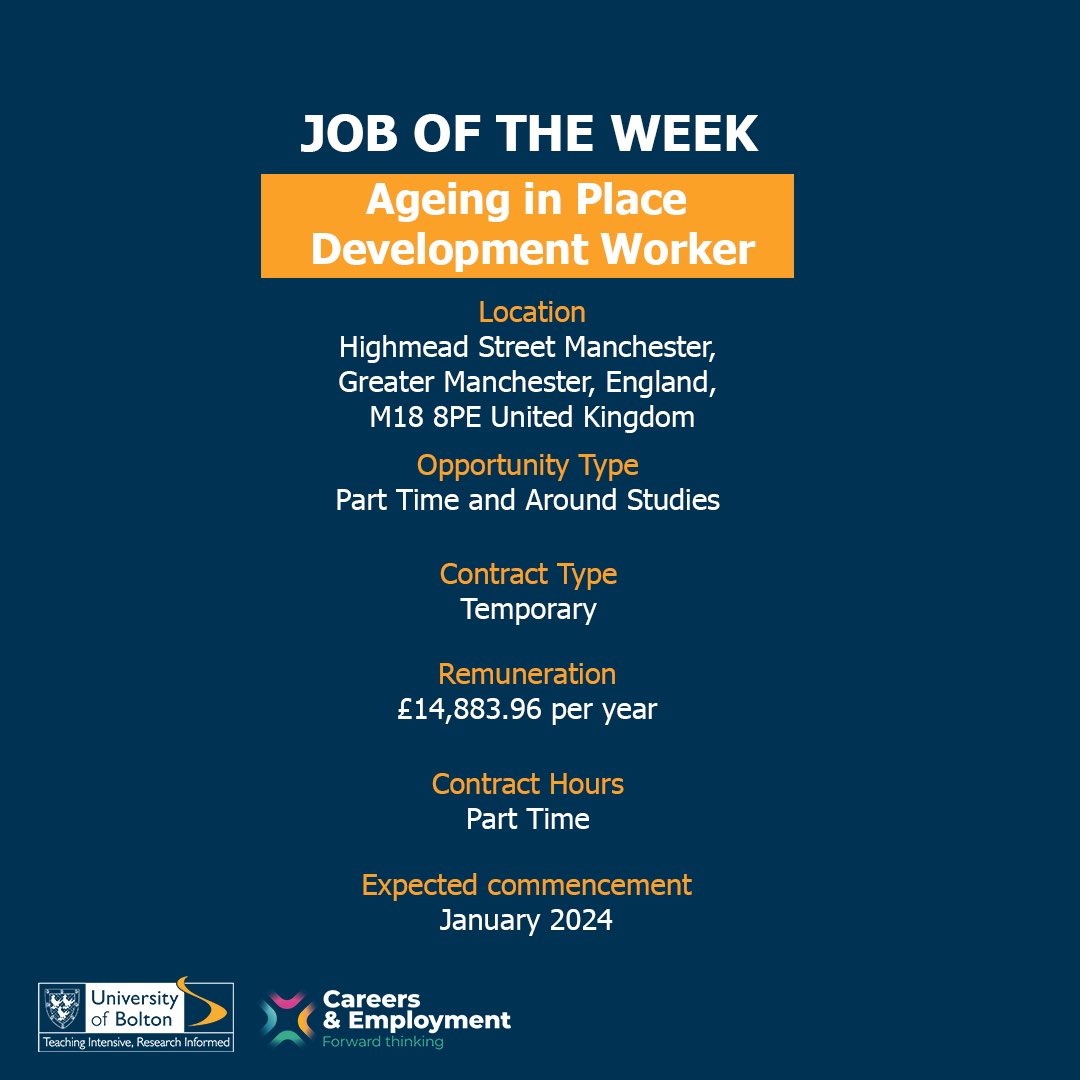 boltoncareers's tweet image. #ParttimeJoboftheWeek 
Ageing in Place Development Worker
Temporary Position 
£14,833.96
To apply, click the link in our bio to access Studenthub!

#jobs #studentjobs #universityofbolton #parttimejobs