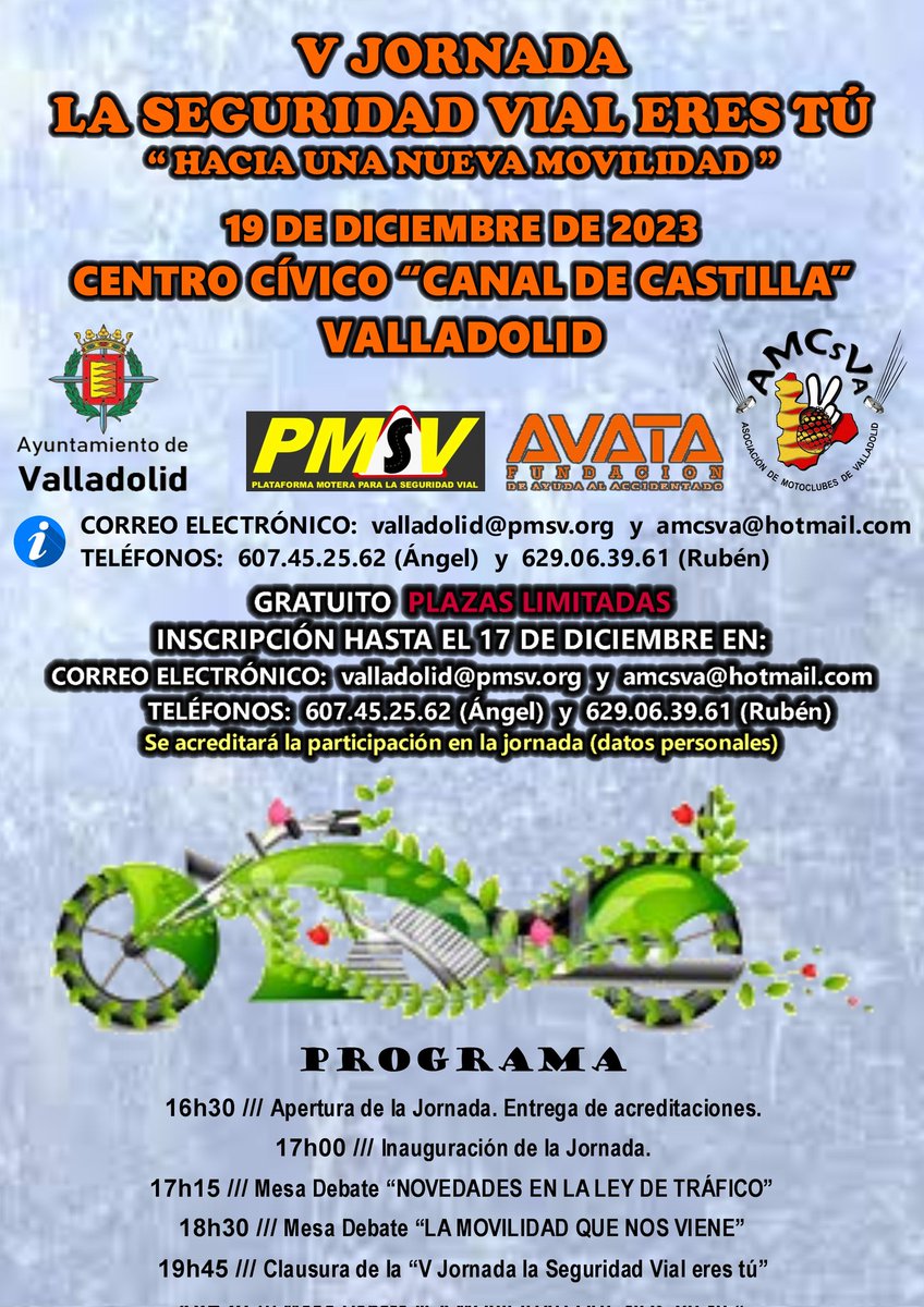 NO FALTES 👥️️ #LaSeguridadVialEresTú
🗓 martes 19 de diciembre de 2023
📌 Audiotorio del Centro Cívico Canal de Castilla #Valladolid
🎟 INSCRIPCIÓN GRATUITA plazas limitadas
ℹ️ en breve información de la participación completa de las mesas
