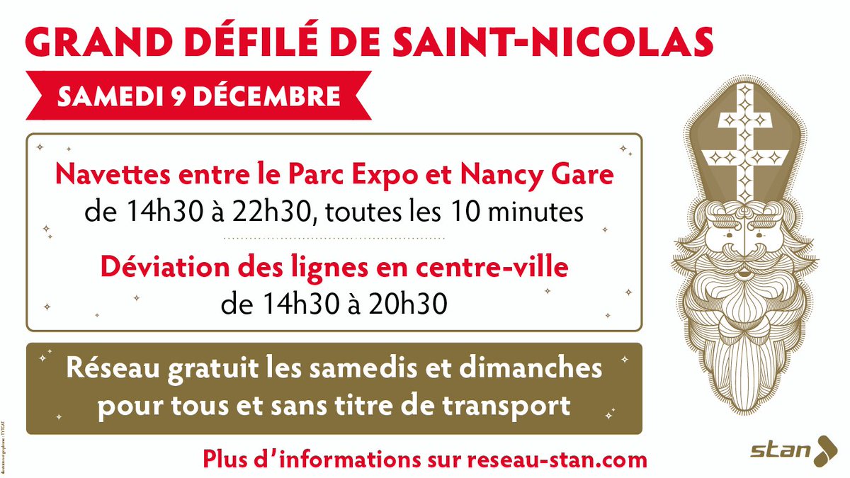 📅 Le Grand défilé de #SaintNicolas à @VilledeNancy c'est samedi 🤩

🎅 Pour y aller, utilisez le réseau Stan qui est entièrement gratuit les samedis et dimanches 💖

Plus d'infos 👉 bit.ly/saintnicolas23