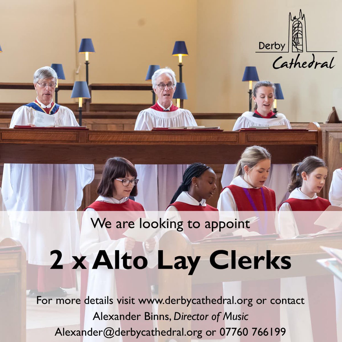 Derby Cathedral Music are searching for two Altos to join the Cathedral Choir as Lay Clerks. This is an exciting opportunity to join a professional choir singing for services, concerts, tours, broadcasts and other projects. Visit the Cathedral website for more information.