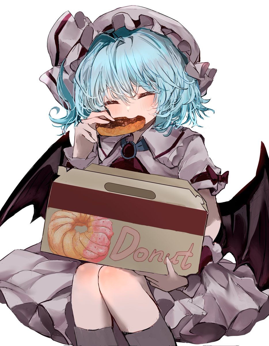 remilia scarlet 1girl solo hat food wings eating closed eyes  illustration images