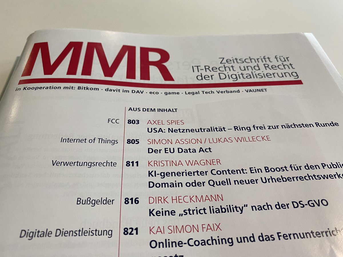 sas_assion's tweet image. Jetzt auch in Hardcopy angekommen: Der Aufsatz von Lukas Willecke und mir zum EU #DataAct. Noch mit Verweisen auf die Entwurfsversion, aber sonst ein erster Überblick über die fast finale Version. Fokus lag auf den Regelungen zum Internet der Dinge und „Rechten an Daten“. #IoT