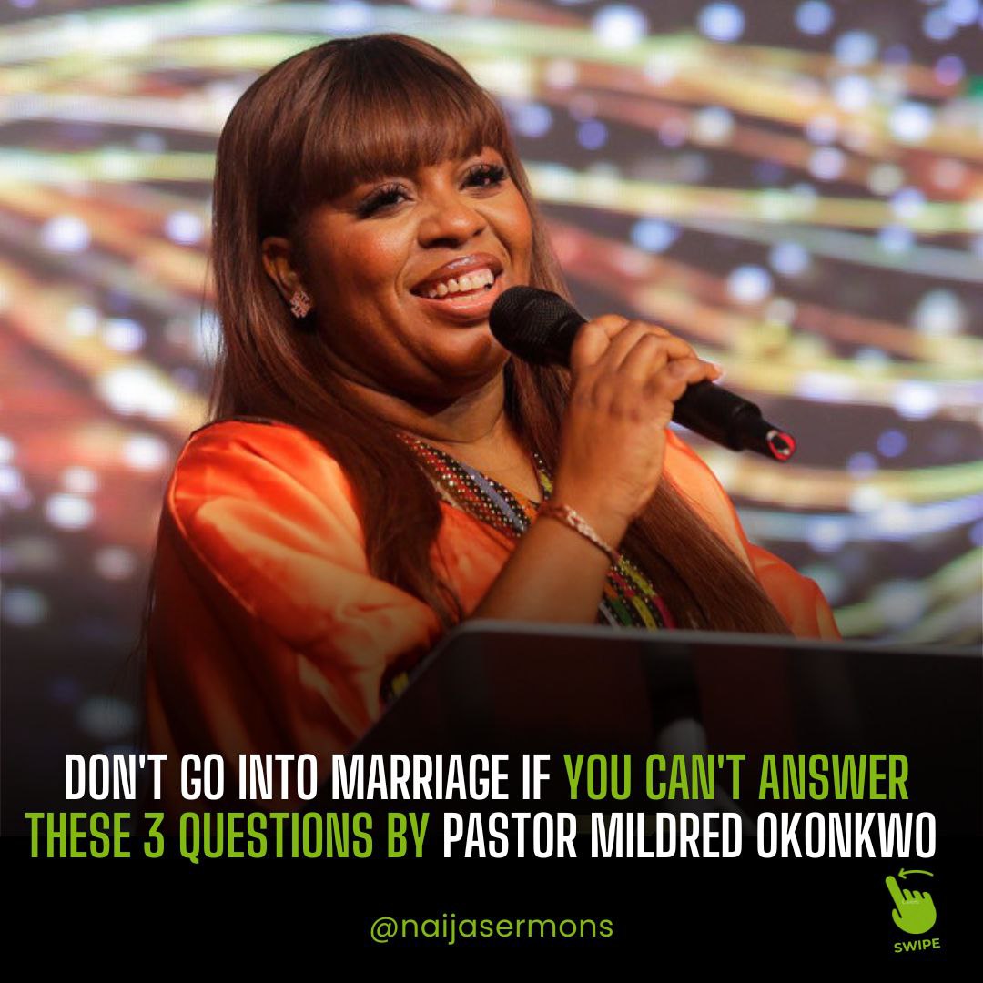 naijasermons's tweet photo. "Don't Go Into Marriage If You Can't Answer These 3 Questions" - Pst. Mildred Kingsley Okonkwo

A thread 🧵

#naijasermons https://t.co/deZFmprEX5