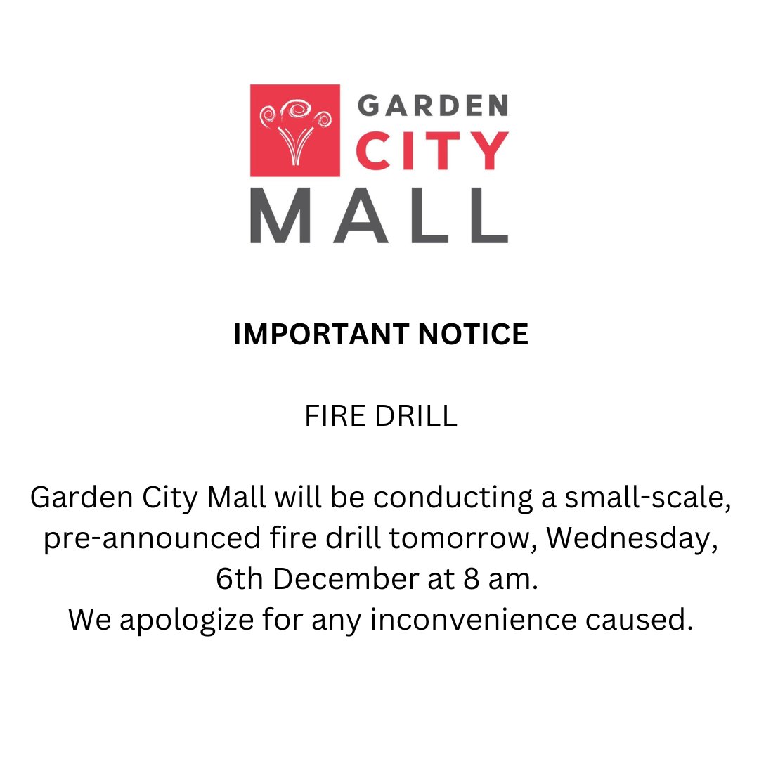 GardenCityNbi's tweet image. We will be conducting a Fire Drill tomorrow, Wednesday 6th December at 8 am.
We apologise for any inconvenience caused.
#firedrill