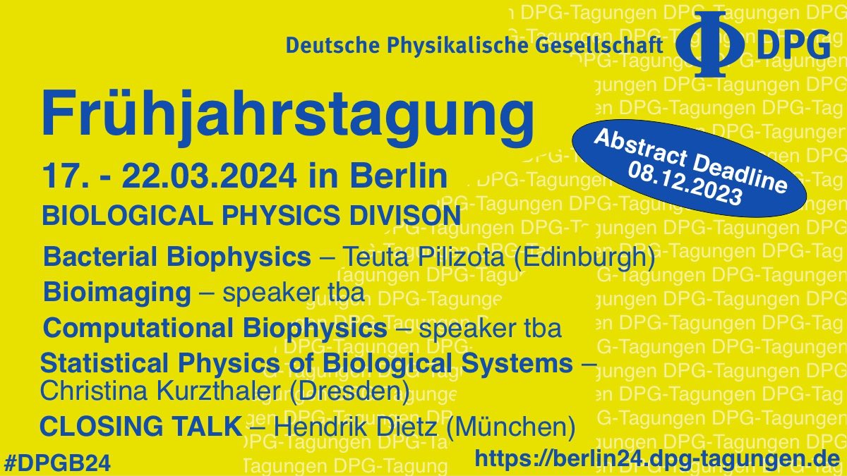 <a href="/OttoLab/">SijbrenOttoLab</a> @Niessenlab <a href="/serwanelab/">SerwaneLab</a> @RaedlerLab <a href="/LFMilles/">Lukas Milles</a> You were too busy last week and missed the #Biophysics abstract deadline for the #DPG Spring Meeting #DPGB24? We have extended it until 08.12. Present your own work along with Teuta Pilizota <a href="/pilizota/">Teuta Pilizota</a>, Christina Kurzthaler <a href="/c_kurzthaler/">Christina Kurzthaler</a> and Hendrik Dietz @hendrik_dietz!