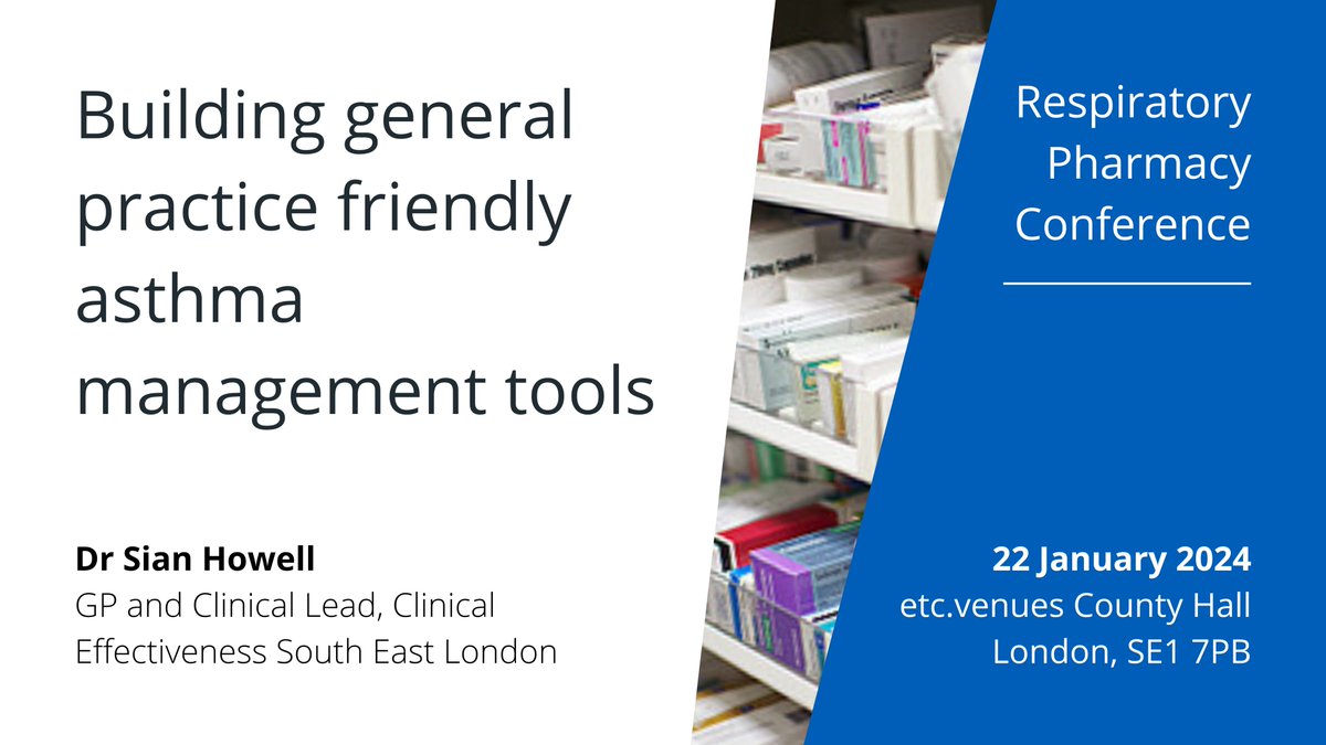 7 weeks to go! Learn about building general practice friendly #asthma management tools with Sian Howell from #CESEL at our #Respiratory #Pharmacy Conference, 22 Jan 2024 Places are selling fast. Secure your place here today: bit.ly/47xx5Kk @GrainnedAn @SELondonICS