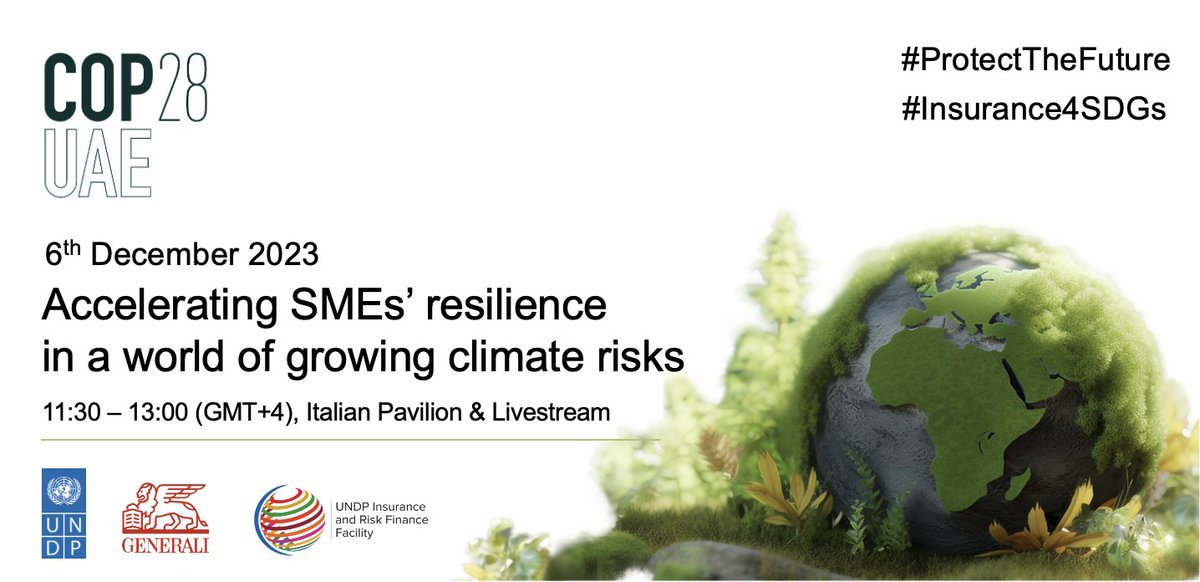 Join our partners <a href="/GENERALI/">Generali Group</a> &amp; <a href="/UNDP/">UN Development</a> tomorrow, 6 Dec, at 11:30 GST in the #COP28 Italian Pavilion, where they will draw attention to the journey of #SMEs to climate resilience: irff.undp.org/events/cop28-a…

#ProtectTheFuture #Generali4Sustainability #Insurance4SDGs #Act4SDGs #COP28UAE