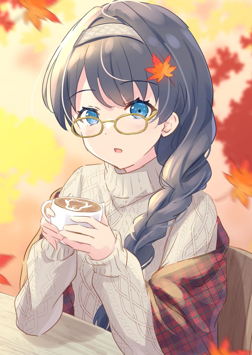 1girl solo blue eyes cup glasses braid sweater  illustration images