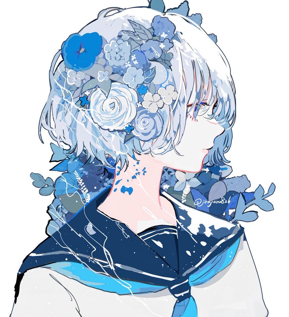 1girl solo flower hair flower blue eyes short hair sailor collar  illustration images