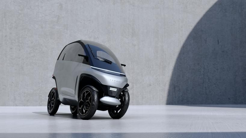 designboom's tweet photo. using 70% less materials than a traditional car, the 2-passenger EV is a radically eco-conscious mobility solution from @granstudio and the swiss start up komma https://t.co/BswxR8V0kt https://t.co/bBBgU10Xu5