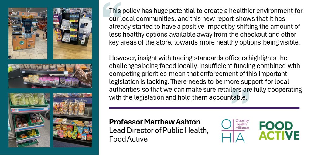 [1/2] Since Oct '22 in-store & some online retailers are no longer allowed to place less healthy food & drink at 🔑 locations in store - a policy with 'huge potential' @DPH_MAshton, ADPH Policy Lead for Healthy Places & Lead DPH @food_active. This new report looks at compliance.