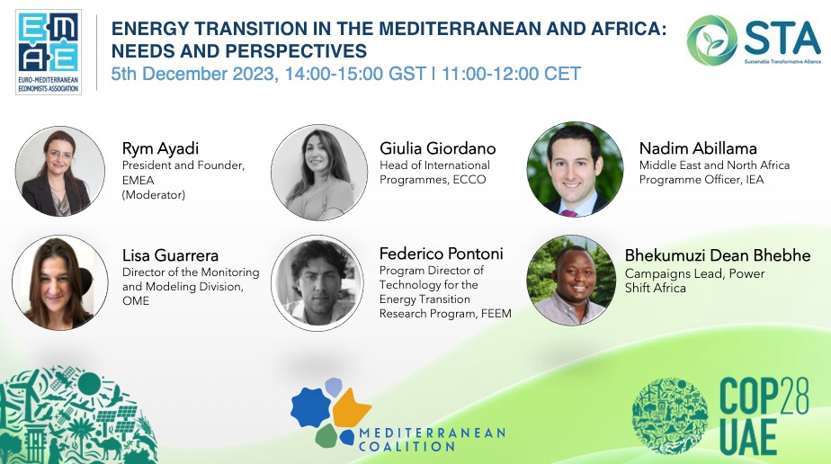 The @emeaorg #cop28 side event "Energy Transition in the Mediterranean and Africa: Needs and Perspectives" is now underway at <a href="/COP28_UAE/">COP28 UAE</a>, Mediterranean Coalition Office! Moderator: Prof. <a href="/rym_ayadi/">Rym Ayadi</a>