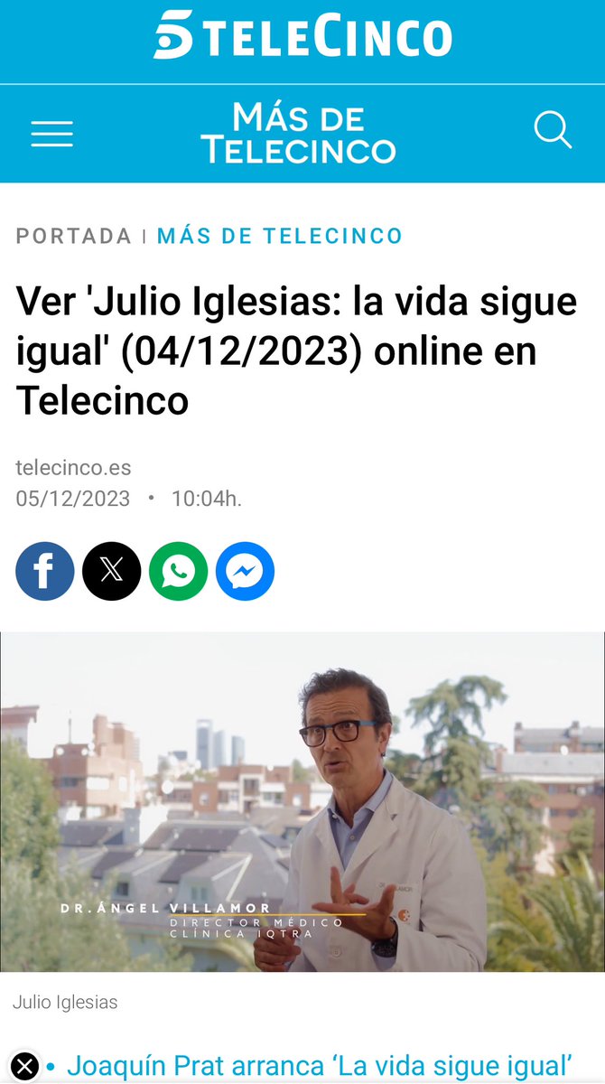 Nuestro director médico, el Dr. Ángel Villamor, participó ayer en el documental de <a href="/telecincoes/">Telecinco</a> sobre Julio Iglesias 

#LaVidaSigueIgual