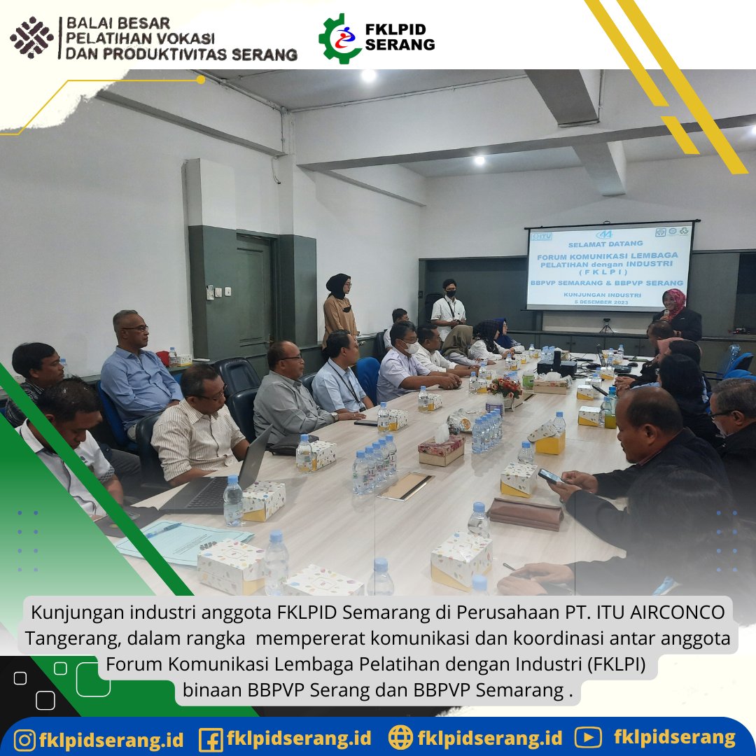 fklpidserang's tweet photo. Kunjungan industri anggota FKLPID Semarang di Perusahaan PT. ITU AIRCONCO Tangerang, dalam rangka mempererat komunikasi dan koordinasi antar anggota Forum Komunikasi Lembaga Pelatihan dengan Industri (FKLPI) binaan BBPVP Serang dan BBPVP Semarang . https://t.co/cV5a4MxW2O