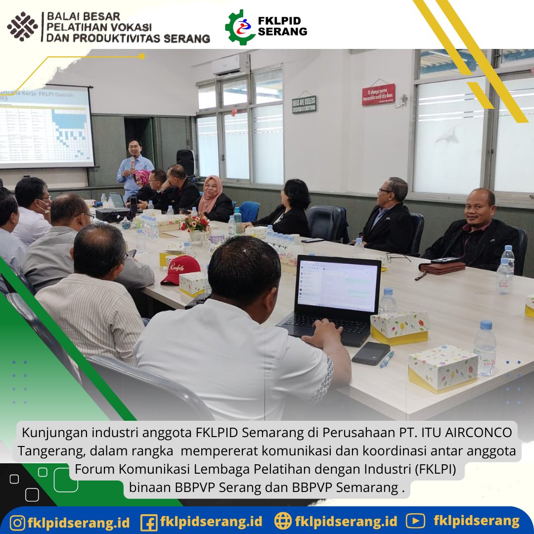 fklpidserang's tweet photo. Kunjungan industri anggota FKLPID Semarang di Perusahaan PT. ITU AIRCONCO Tangerang, dalam rangka mempererat komunikasi dan koordinasi antar anggota Forum Komunikasi Lembaga Pelatihan dengan Industri (FKLPI) binaan BBPVP Serang dan BBPVP Semarang . https://t.co/cV5a4MxW2O