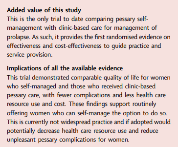 New RCT: Clinical effectiveness of vaginal pessary self-management vs clinic-based care for pelvic organ prolapse Findings suggested that pessary self-management is cost-effective and has a lower complication rate bit.ly/3Gu8f1W