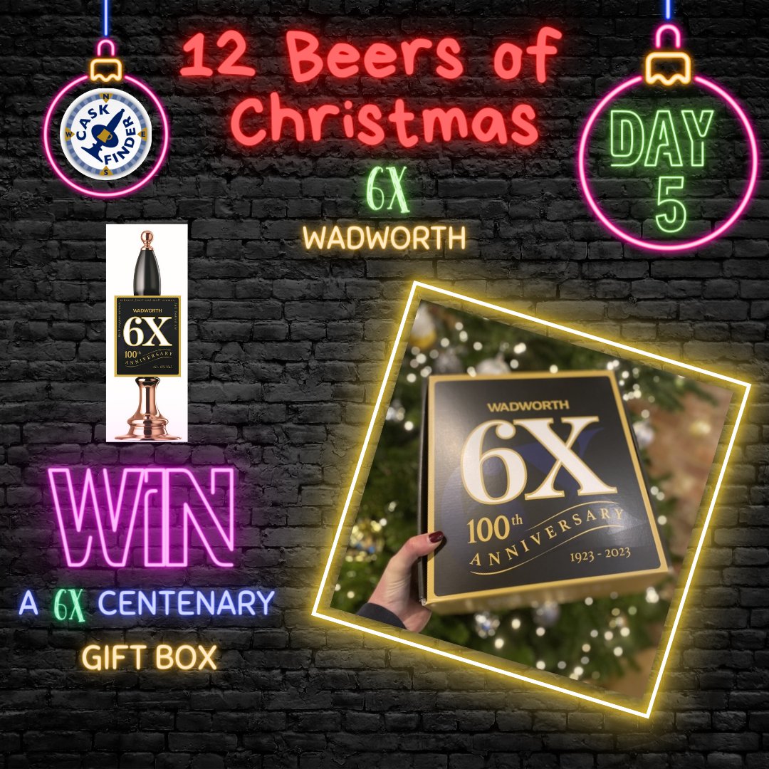 🎄12 BEERS of Christmas GIVEAWAY!  

Day 5 is <a href="/Wadworth/">Wadworth Brewery</a>'s 6X (It's their 100th Birthday today)🥳

WIN a 6X Centenary gift box  

✅Retweet
✅Tag a friend 
✅Follow <a href="/CaskFinder/">CaskFinder</a> &amp; <a href="/Wadworth/">Wadworth Brewery</a> (we do check)

T&amp;C's apply. Competition closes at 11pm 5th Dec. Also running on FB &amp; IG!