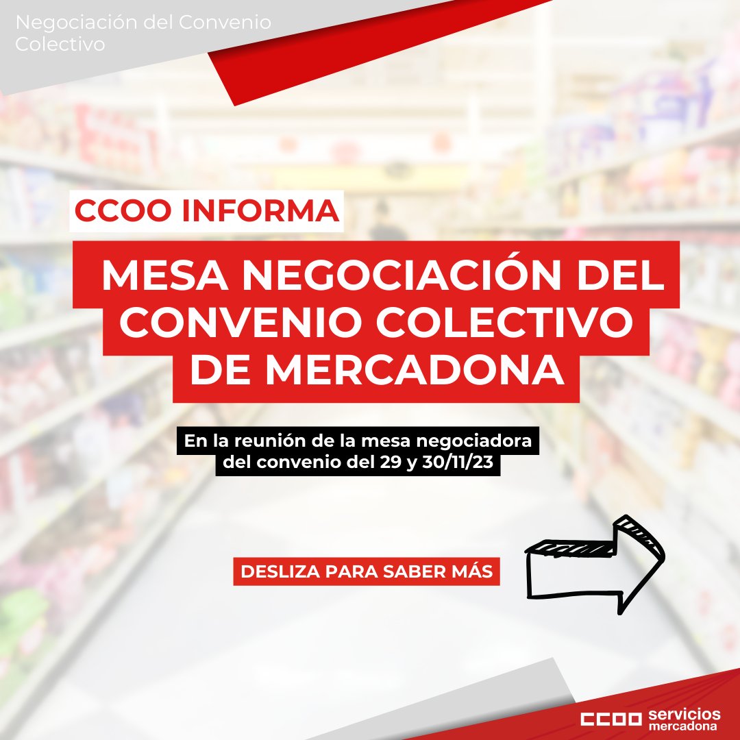 serviciosccoo's tweet image. 🔴 Reunión de negociación del #ConvenioMercadona (1)
 
🗓Distribución Jornada ⏱Descanso 🎓Licencias 🛒Movilidad 🌴Vacaciones 💰Salario 🩻Salud

🧵¿Quieres saber más? ¡Dentro hilo!

✊ CCOO contigo por una mejora de nuestras condiciones

🔗 Léelo aquí: ccoo-servicios.es/html/59500.html